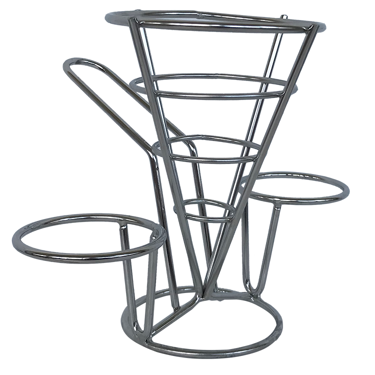 Diseño de moda Metal helado cono chips fritos francés soporte soporte con 2 tazas de salsa