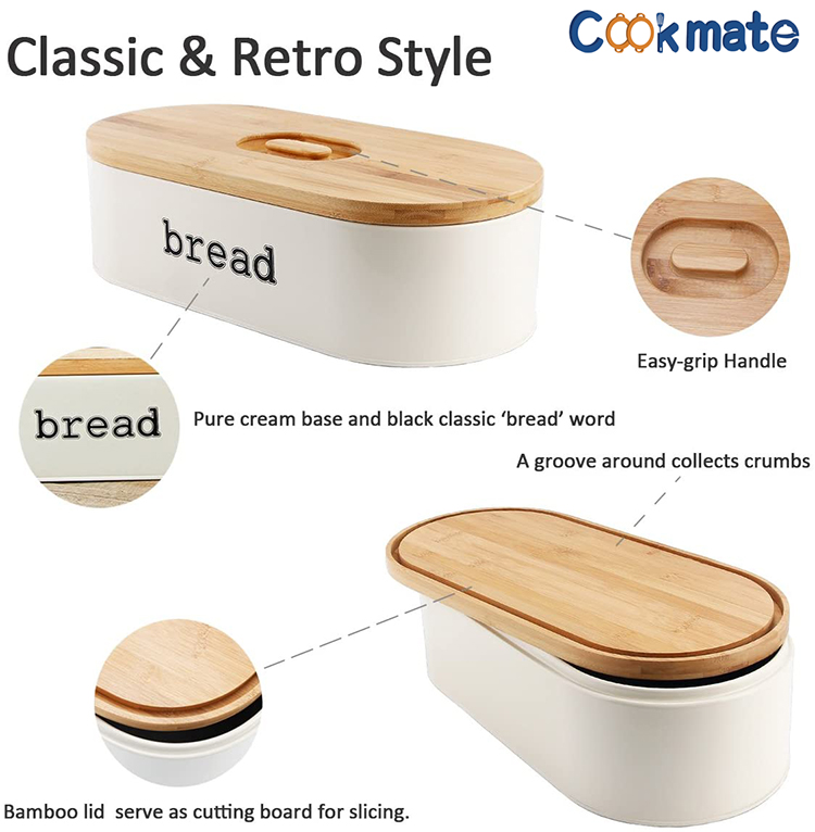 Caja de pan moderno Pasteles Contenedor de almacenamiento con tablero de corte de bambú Papelera de ahorro de espacio para cocina blanco