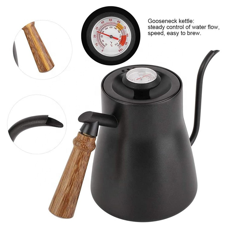 Kettle de café de 850 ml de cuello de cisne con mango de madera para el hogar, cocina, oficina, cafetería, casa de té