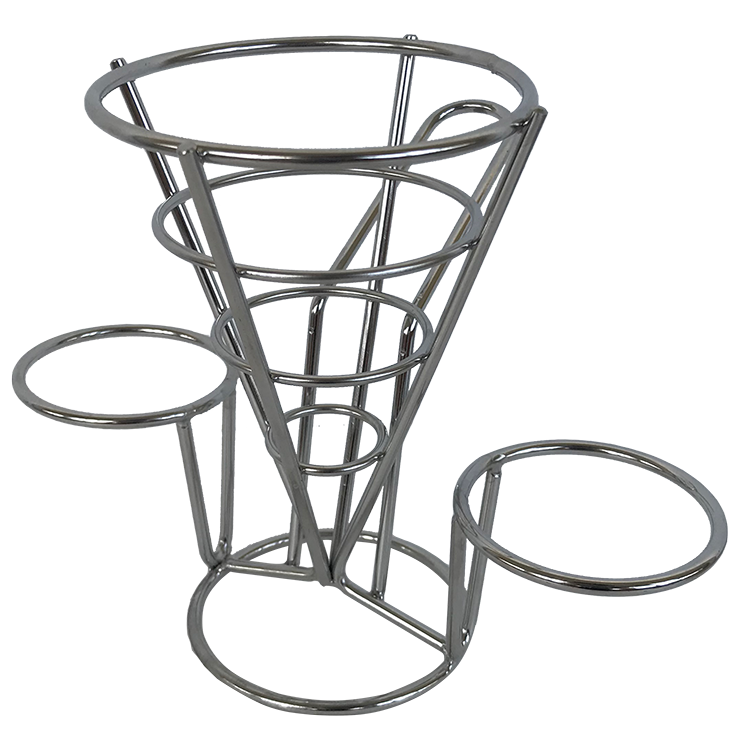 Diseño de moda Metal helado cono chips fritos francés soporte soporte con 2 tazas de salsa