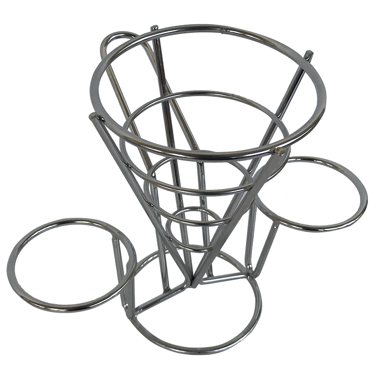 Diseño de moda Metal helado cono chips fritos francés soporte soporte con 2 tazas de salsa